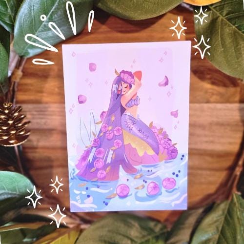 Mermaid Art Print - Blueberry and Peonies Mermay 2025 Collection (5 x 7 inches art paper)