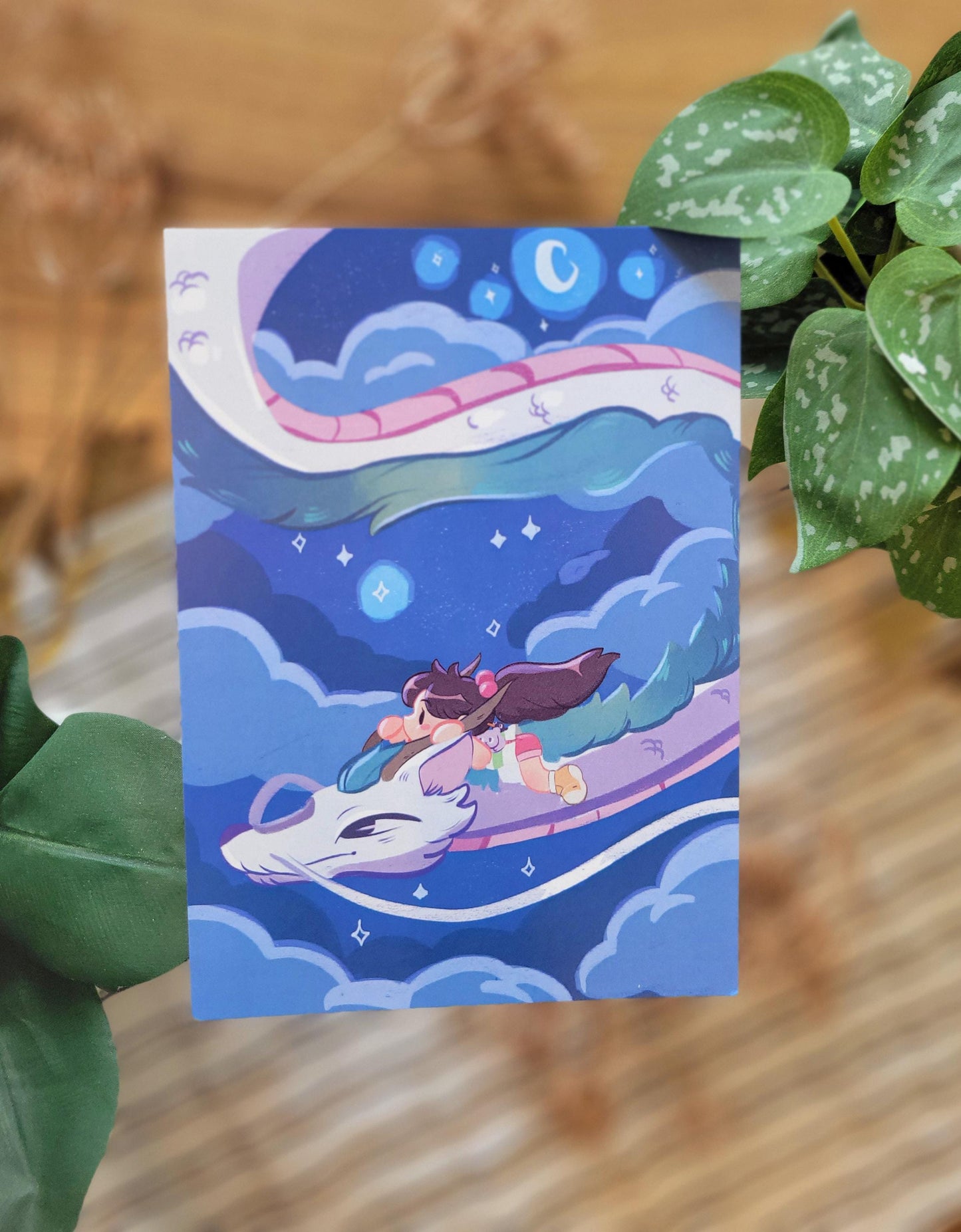 Girl with Dragon night sky art print 5 x 7