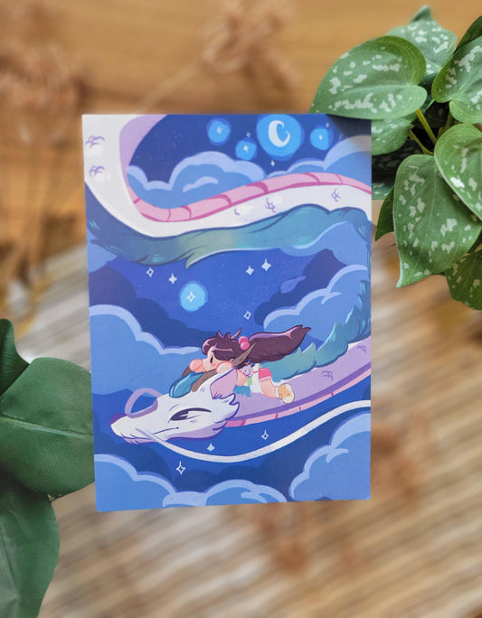 Girl with Dragon night sky art print 5 x 7