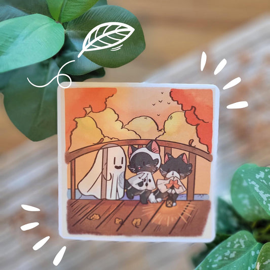 Fall cats with their little ghost friend Art Prints 5 x 5