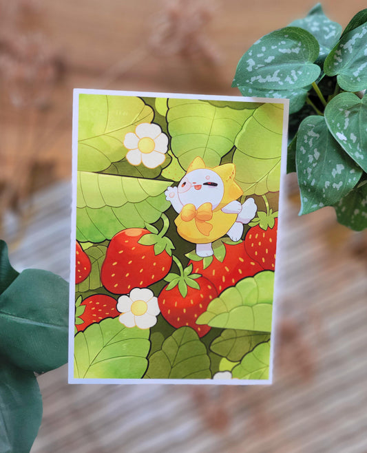 Strawberrry Cat in a strawberry bush 5 x 7  art print