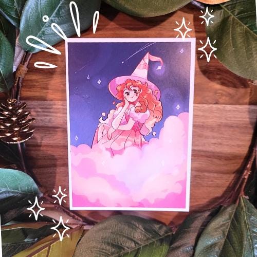Pink Cloud Witch Art Print -  (5 x 7 inches art paper)